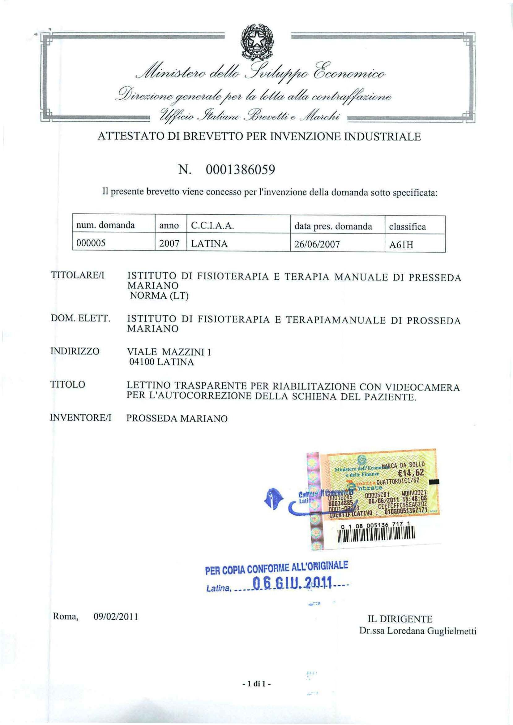 Brevetto per il lettino Fisiofeedback